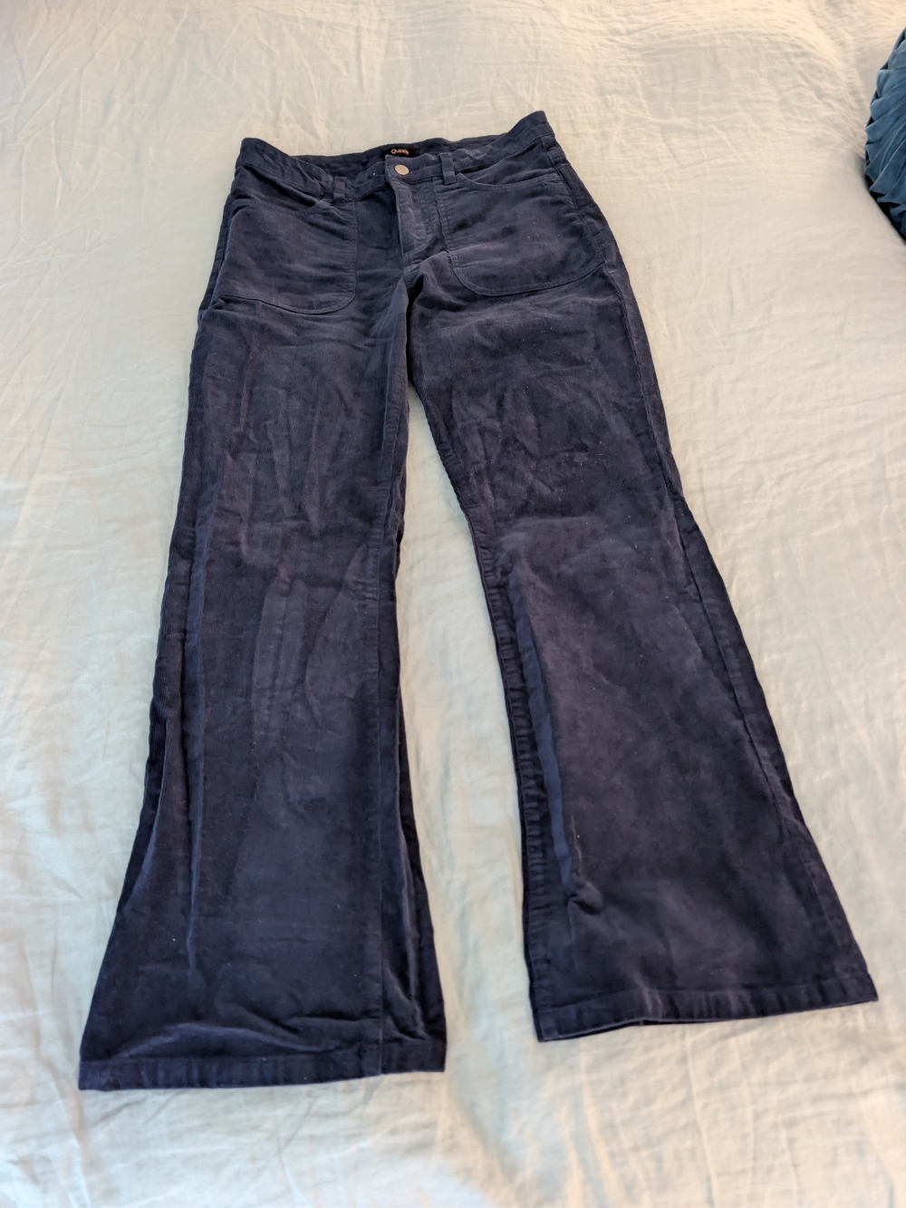 Quince Corduroy Flare Wide Leg Pants Navy Blue Size 8 High Rise Patch Pockets
